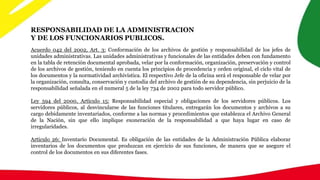 RESPONSABILIDAD DE LA ADMINISTRACION
Y DE LOS FUNCIONARIOS PUBLICOS.
Acuerdo 042 del 2002, Art. 3: Conformación de los archivos de gestión y responsabilidad de los jefes de
unidades administrativas. Las unidades administrativas y funcionales de las entidades deben con fundamento
en la tabla de retención documental aprobada, velar por la conformación, organización, preservación y control
de los archivos de gestión, teniendo en cuenta los principios de procedencia y orden original, el ciclo vital de
los documentos y la normatividad archivística. El respectivo Jefe de la oficina será el responsable de velar por
la organización, consulta, conservación y custodia del archivo de gestión de su dependencia, sin perjuicio de la
responsabilidad señalada en el numeral 5 de la ley 734 de 2002 para todo servidor público.
Ley 594 del 2000, Artículo 15: Responsabilidad especial y obligaciones de los servidores públicos. Los
servidores públicos, al desvincularse de las funciones titulares, entregarán los documentos y archivos a su
cargo debidamente inventariados, conforme a las normas y procedimientos que establezca el Archivo General
de la Nación, sin que ello implique exoneración de la responsabilidad a que haya lugar en caso de
irregularidades.
Artículo 26: Inventario Documental. Es obligación de las entidades de la Administración Pública elaborar
inventarios de los documentos que produzcan en ejercicio de sus funciones, de manera que se asegure el
control de los documentos en sus diferentes fases.
 