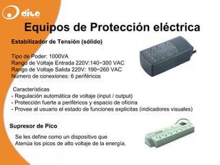 Tipo de Poder: 1000VA Rango de Voltaje Entrada 220V:140~300 VAC  Rango de Voltaje Salida 220V: 190~260 VAC Numero de conexiones: 6 periféricos  Características - Regulación automática de voltaje (input / output) - Protección fuerte a periféricos y espacio de oficina  - Provee al usuario el estado de funciones explicitas (indicadores visuales)   Equipos de Protección eléctrica Estabilizador de Tensión (sólido)  Supresor de Pico Se les define como un dispositivo que  Atenúa los picos de alto voltaje de la energía. 