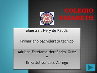 Maestra : Nery de Rauda
Primer año bachillerato técnico
Adriana Estefanía Hernández Ortiz
Y
Erika Julissa Jaco Abrego
 