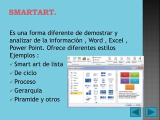 Es una forma diferente de demostrar y
analizar de la información , Word , Excel ,
Power Point. Ofrece diferentes estilos
Ejemplos :
 Smart art de lista
 De ciclo
 Proceso
 Gerarquia
 Piramide y otros
 