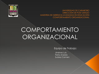 COMPORTAMIENTO
ORGANIZACIONAL
        Equipo de Trabajo:
        Jiménez Luis
        Peña Aneida
        Suárez Carmen
 