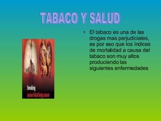 El tabaco es una de las drogas mas perjudiciales, es por eso que los índices de mortalidad a causa del tabaco son muy altos produciendo las siguientes enfermedades TABACO Y SALUD