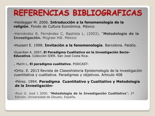 REFERENCIAS BIBLIOGRAFICAS
•Heidegger M. 2006. Introducción a la fenomenología de la
religión. Fondo de Cultura Económica. México
•Hernández R, Fernández C, Baptista L. (2003). “Metodología de la
Investigación. Mcgraw Hill. México
•Husserl E. 1998. Invitación a la fenomenología. Barcelona. Paidós.
•Pérez. 1994. Paradigma Cuantitativo y Cualitativo y Metodología
de la Investigación-
•Ruiz O. José I 2000. “Metodología de la Investigación Cualitativa”; 2ª
Edición, Universidad de Deusto, España.
•Ortiz. E. 2013 Revista de Claseshistoria Epistemología de la investigación
cuantitativa y cualitativa. Paradigmas y objetivos. Articulo 408
. Marín L. El paradigma cualitativo. PODCAST-
•Guardian A. 2007. El Paradigma Cualitativo en la Investigación Socio-
Educativa. Colección IDER. San José Costa Rica.
 