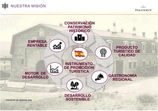 NUESTRA MISIÓN
CONSERVACIÓN
PATRIMONIO
HISTÓRICO
PRODUCTO
TURÍSTICO DE
CALIDAD
GASTRONOMÍA
REGIONAL
DESARROLLO
SOSTENIBLE
EMPRESA
RENTABLE
MOTOR DE
DESARROLLO
PARADOR DE GREDOS 1928
INSTRUMENTO
DE PROMOCIÓN
TURÍSTICA
 