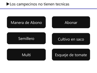 Manera de Abono
Semillero
Esqueje de tomate
Abonar
Multi
Cultivo en saco
▶Los campecinos no tienen tecnicas
 