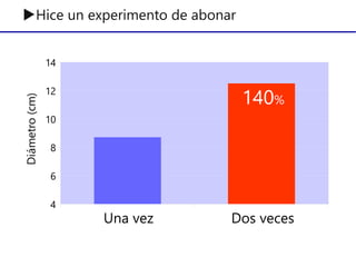 Una vez Dos veces
4
6
8
10
12
14
Grupos
Diámetro(cm)
140%
Una vez Dos veces
▶Hice un experimento de abonar
 