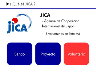 ▶¿ Qué es JICA ?
JICA
- Agencia de Cooperación
Internacional del Japón
- 15 voluntarios en Panamá
Banco Proyecto Voluntario
 
