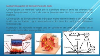 Mecanismos para la transferencia de calor
Conducción: Se transfiere calor por el contacto directo entre los cuerpos con
mayor temperatura, a otros de menor temperatura. No hay transferencia de
materia.
Convección: Es el transforme de calor por medio del movimiento del fluido que
podría ser un liquido o gas, transporta el calor entre los puntos con diferentes
temperaturas.
Radiación: Se transmite energía que se convierte en calor, por medio de la
salida de ondas electromagnéticas.
 