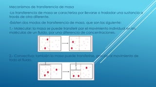 Mecanismos de transferencia de masa
-La transferencia de masa se caracteriza por llevarse o trasladar una sustancia a
través de otra diferente.
-Existen dos modos de transferencia de masa, que son las siguiente:
1.- Molecular: la masa se puede transferir por el movimiento individual en las
moléculas de un fluido, por una diferencia de concentraciones.
2.- Convectiva: también la masa puede transferirse, gracias al movimiento de
todo el fluido.
 