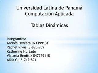 Universidad Latina de Panamá
Computación Aplicada
Tablas Dinámicas
Integrantes:
Andrés Herrera 071199131
Rachel Rivas 8-895-959
Katherine Hurtado
Victoria Benítez 047229118
Alkis Gil 5-712-891
 