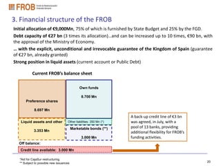 3. Financial structure of the FROB
Initial allocation of €9,000Mn, 75% of which is furnished by State Budget and 25% by the FGD.
Debt capacity of €27 bn (3 times its allocation)…and can be increased up to 10 times, €90 bn, with
the approval of the Ministry of Economy.
… with the explicit, unconditional and irrevocable guarantee of the Kingdom of Spain (guarantee
of €27 bn, already granted)
Strong position in liquid assets (current account or Public Debt)

            Current FROB’s balance sheet

                                               Own funds

                                                8.700 Mn
       Preference shares

             8.697 Mn
                                                                     A back-up credit line of €3 bn
   Liquid assets and other           Other liabilities: 350 Mn (*)   was agreed, in July, with a
                                          Marketable bonds (**)      pool of 13 banks, providing
             3.353 Mn                                                additional flexibility for FROB’s
                                                3.000 Mn             funding activities.
  Off balance:
   Credit line available: 3.000 Mn

   *Aid for CajaSur restructuring
   ** Subject to possible new issuances                                                                  20
 