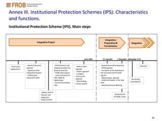 Annex III. Institutional Protection Schemes (IPS): Characteristics
and functions.
Institutional Protection Scheme (IPS). Main steps


                                                                                                             Integration:
                               Integration Project                                                          Preparation &                   Integration
                                                                                                            Formalisation




                                                                                            June 30th      3-5 months           December December 31st

                 - Board of Directors´                   - Ratify Contract and
                                                                                  - Bank of Spain       - General Assemblies approvals               - Execution
 - Preliminary
                 approval                                Integration project by                         - FROB approval
 negotiations                                                                     approval
                 - Signature of the                      Board of Directors
                                                                                  - FROB's approval     - Inscription of the New Bank in
                 Integration Protocol                    - FROB funds request                           the mercantile and the BofS
                                                                                  - European
                 - Viability plan                        - Communications to                            register
                                                                                  Commission
                 delivered to BofS                       CNC, CNMV &
                                                                                  approval              - Regional govs. approval
                                                                                                                                           - Accounting
                                                         regional gov.            - New banking         - Goverment bodies of the new
                                                         - General Assemblies                           bank                               Consolidation
                                                                                  license request
                                                         Calls                                          - New Bank General Meeting


                                    - Deliver draft of
                                    Contract and                                                                         - Disbursement
                                    Integration                                                                          of FROB's funds
                                    Project to BofS




                                                                                                                                                                   34
 