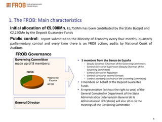 1. The FROB: Main characteristics
Initial allocation of €9,000Mn, €6,750Mn has been contributed by the State Budget and
€2,250Mn by the Deposit Guarantee Funds
Public control: report submitted to the Ministry of Economy every four months, quarterly
parliamentary control and every time there is an FROB action; audits by National Court of
Auditors
   FROB Governance
  Governing Committee                     • 5 members from the Banco de España
  made up of 8 members:                       - Deputy Governor (Chairman of the Governing Committee).
                                              - General Director of Supervision (Deputy Chairman of the
                                                Governing Committee)
          FROB                                - General Director of Regulation
                                              - General Director of Internal Services
                        Banco de              - General Secretary (Secretary of the Governing Committee)
                        España
                                          • 3 members on behalf of the Deposit Guarantee
                        FGD
                                            Funds
                                          • A representative (without the right to vote) of the
                                            General Comptroller Department of the State
                                            Administration (Intervención General de la
                                            Administración del Estado) will also sit in on the
  General Director
                                            meetings of the Governing Committee



                                                                                                           5
 