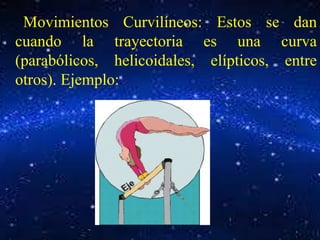 Movimientos Curvilíneos: Estos se dan 
cuando la trayectoria es una curva 
(parabólicos, helicoidales, elípticos, entre 
otros). Ejemplo: 
 