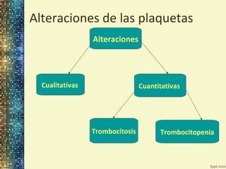 Alteraciones de las plaquetas
Alteraciones

Cualitativas

Cuantitativas

Trombocitosis

Trombocitopenia

 