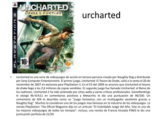 urcharted
• Uncharted es una serie de videojuegos de acción en tercera persona creada por Naughty Dog y distribuida
por Sony Computer Entertainment. El primer juego, Uncharted: El Tesoro de Drake, salió a la venta el 20 de
noviembre de 2007 en exclusiva para PlayStation 3. En el E3 del 2009 se anuncio que Uncharted el tesoro
de drake llego a los 2,6 millones de copias vendidas. EL segundo juego fue llamado Uncharted: el Reino de
los Ladrones. Uncharted 2 ha sido aclamado por sitios webs y varios criticos profesionales. GameRankings
le otorgó 96.41%11 en comentarios positivos y Metacritic le dio una puntuación de 96/100. Un
comentario de IGN lo describio como un "juego fantastico, con un multijugador excelente gracias a
Naughty Dog". Muchos lo consideran uno de los juegos mas famosos en la industria de los videojuegos. La
revista PlayStation: The Oficial Magazine dijo en un artículo "El Inolvidable Juego del Año. Este es uno de
los mejores videojuegos de todos los tiempos". Incluso, una revista de Francia titulada PSM3 le dio una
puntuación perfecta de 21/20.
 