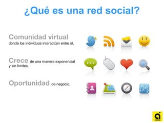 Comunidad virtual
donde los individuos interactúan entre sí.
Crece de una manera exponencial
y sin límites.
Oportunidad de negocio.
¿Qué es una red social?
 