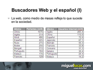 Buscadores Web y el español (I) La web, como medio de masas refleja lo que sucede en la sociedad. 