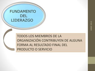 JUNIO2013
TODOS LOS MIEMBROS DE LA
ORGANIZACIÓN CONTRIBUYEN DE ALGUNA
FORMA AL RESULTADO FINAL DEL
PRODUCTO O SERVICIO
FUNDAMENTO
DEL
LIDERAZGO
 