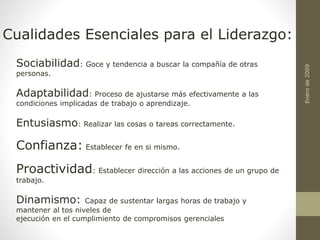 Enerode2009
Sociabilidad: Goce y tendencia a buscar la compañía de otras
personas.
Adaptabilidad: Proceso de ajustarse más efectivamente a las
condiciones implicadas de trabajo o aprendizaje.
Entusiasmo: Realizar las cosas o tareas correctamente.
Confianza: Establecer fe en si mismo.
Proactividad: Establecer dirección a las acciones de un grupo de
trabajo.
Dinamismo: Capaz de sustentar largas horas de trabajo y
mantener al tos niveles de
ejecución en el cumplimiento de compromisos gerenciales
Cualidades Esenciales para el Liderazgo:
 