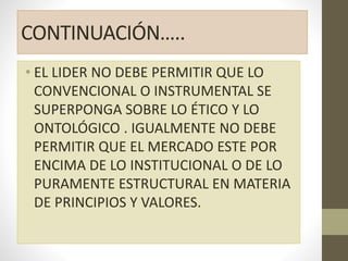 CONTINUACIÓN…..
• EL LIDER NO DEBE PERMITIR QUE LO
CONVENCIONAL O INSTRUMENTAL SE
SUPERPONGA SOBRE LO ÉTICO Y LO
ONTOLÓGICO . IGUALMENTE NO DEBE
PERMITIR QUE EL MERCADO ESTE POR
ENCIMA DE LO INSTITUCIONAL O DE LO
PURAMENTE ESTRUCTURAL EN MATERIA
DE PRINCIPIOS Y VALORES.
 