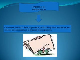 CAPÍTULO II .DIAGNOSTICOConsiste en recolectar datos importantes, analizarlos y hacer un informe para  conocer los antecedentes y la situación  que se presenta.