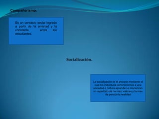 Compañerismo.Es un contacto social logrado  a partir de la amistad y la constante  entre los estudiantes.Socialización.La socialización es el proceso mediante el cual los individuos pertenecientes a una sociedad o cultura aprenden e interiorizan un repertorio de normas, valores y formas de percibir la realidad