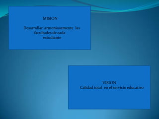  MISION    Desarrollar  armoniosamente  las  facultades de cada          estudianteVISION     Calidad total  en el servicio educativo