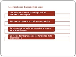 En la posición de este modelo en la operatividad de una organización, una identificación de necesidades de mercado conlleva a la búsqueda de tecnologías para su apoyo, la configuración de un portafolio tecnológico y el desarrollo de un plan conformado por diversos proyectos tecnológicos que reciben el tratamiento de proyectos de inversión.