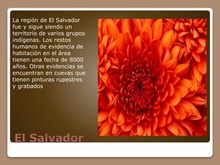 El Salvador
La región de El Salvador
fue y sigue siendo un
territorio de varios grupos
indígenas. Los restos
humanos de evidencia de
habitación en el área
tienen una fecha de 8000
años. Otras evidencias se
encuentran en cuevas que
tienen pinturas rupestres
y grabados
 