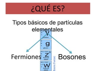 ¿QUÉ ES?
Tipos básicos de partículas
elementales
Fermiones Bosones
 
