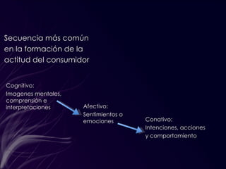 Afectivo: Sentimientos o emociones Cognitivo: Imagenes mentales, comprensión e interpretaciones Conativo: Intenciones, acciones y comportamiento Secuencia más común en la formación de la actitud del consumidor 