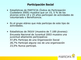 Participación Social

• Estadísticas de PARTICIA (Índice de Participación
  Ciudadana 2005) muestra que un 15, 5 % de los
...