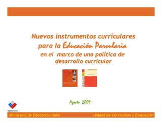 Nuevos instrumentos curriculares
              para la Educación Parvularia
                 en el marco de una política de
                      desarrollo curricular




                                Agosto 2009

Ministerio de Educación Chile                 Unidad de Curriculum y Evaluación
 