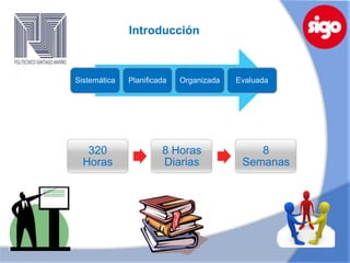 Introducción



Sistemática   Planificada   Organizada   Evaluada




   320                 8 Horas               8
  Horas                Diarias            Semanas
 