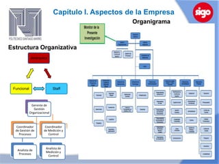 Capítulo I. Aspectos de la Empresa
                                                    Organigrama



Estructura Organizativa
             Jerárquica




 Funcional                    Staff



              Gerente de
                Gestión
             Organizacional



  Coordinador           Coordinador
  de Gestión de        de Medición y
    Procesos              Control



                        Analista de
   Analista de
                        Medición y
    Procesos
                         Control
 