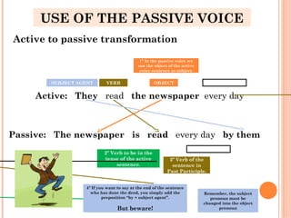 USE OF THE PASSIVE VOICE
Active to passive transformation
Active: They read the newspaper every day
Passive: The newspaper is read every day by them
1º In the passive voice we
use the object of the active
voice sentence as subject.
2º Verb to be in the
tense of the active
sentence.
OBJECTSUBJECT AGENT VERB
3º Verb of the
sentence in
Past Participle.
COMPLEMENT
COMPLEMENT
4º If you want to say at the end of the sentence
who has done the deed, you simply add the
preposition “by + subject agent”.
But beware!
Remember, the subject
pronoun must be
changed into the object
pronoun
 