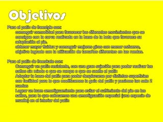 Objetivos
Para el patín de freestyle son:
    conseguir comodidad para favorecer los diferentes movimientos que se
    consigue con la curva realizada en la base de la bota que favorece su
    adaptación al pie.
    obtener mayor fluidez y conseguir mejores giros con menor esfuerzo,
    objetivo logrado con la utilización de tamaños diferentes en las ruedas.

Para el patín de freeskate son:
    Conseguir un patín resistente, con una gran sujeción para poder realizar los
    saltos sin miedo a que se rompa o que se suelte el patín
    Adaptar la base del patín para poder desplazarse por distintas superficies
    con facilidad para lo que modificamos la guía del patín y pusimos tan solo 2
    ruedas
    Lograr un buen amortiguamiento para evitar el sufrimiento del pie en los
    saltos, para lo que colocamos una amortiguación especial (una especie de
    muelle) en el interior del patín
 