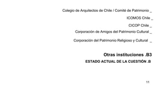 Otras instituciones .B3 ESTADO ACTUAL DE LA CUESTIÓN .B  Colegio de Arquitectos de Chile   / Comité de Patrimonio   _ ICOMOS Chile _ CICOP Chile _ Corporación de Amigos del Patrimonio Cultural _ Corporación del Patrimonio Religioso y Cultural  _ 