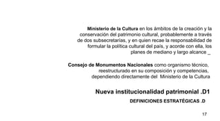 DEFINICIONES ESTRATÉGICAS .D  Nueva institucionalidad patrimonial .D1 Ministerio de la Cultura  en los ámbitos de la creación y la conservación del patrimonio cultural, probablemente a través de dos subsecretarías, y en quien recae la responsabilidad de formular la política cultural del país, y acorde con ella, los planes de mediano y largo alcance _  Consejo de Monumentos Nacionales  como organismo técnico,  reestructurado en su composición y competencias,  dependiendo directamente del  Ministerio de la Cultura 