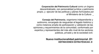 DEFINICIONES ESTRATÉGICAS .D   Corporación del Patrimonio Cultural  como un   órgano descentralizado, con personalidad jurídica y patrimonio propio, y  ejecutor de las políticas y planes formulados por el Ministerio de la Cultura  _ Consejo del Patrimonio , organismo independiente y autónomo, encargado de resguardar el legado histórico y como instancia amplia de participación y validación de las opiniones y requerimientos de la comunidad, conformado por expertos y representantes del más alto nivel de los sectores públicos, privado y de la sociedad civil. Nueva institucionalidad patrimonial .D1 