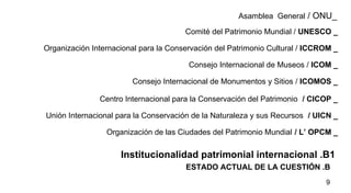 Institucionalidad patrimonial internacional .B1 ESTADO ACTUAL DE LA CUESTIÓN .B  Comité del Patrimonio Mundial /  UNESCO _ Organización Internacional para la Conservación del Patrimonio Cultural /  ICCROM _ Consejo Internacional de Monumentos y Sitios /  ICOMOS _ Centro Internacional para la Conservación del Patrimonio   / CICOP _ Unión Internacional para la Conservación de la Naturaleza y sus Recursos   / UICN _ Organización de las Ciudades del Patrimonio Mundial   / L’ OPCM _ Consejo Internacional de Museos /  ICOM _ Asamblea  General  / ONU_ 