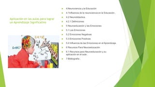 Aplicación en las aulas para lograr
un Aprendizaje Significativo
 4.Neurociencia y la Educación
 4.1Influencia de la neurociencia en la Educación .
 4.2 Neurodidactica.
 4.2.1 Definiciones
 5 Neuroeducación y las Emociones
 5.1 Las Emociones
 5.2 Emociones Negativas
 5.3 Emociones Positivas
 5.4 Influencia de las Emociones en el Aprendizaje.
 6 Recursos Para Neuroeducación
 6.1 Recursos para Neuroeducación y su
aplicación en el aula .
 7 Bibliografía .
 