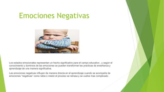 Emociones Negativas
Los estados emocionales representan un hecho significativo para el campo educativo , y según el
conocimiento y dominios de las emociones se pueden transformar las practicas de enseñanza y
aprendizaje de una manera significativa.
Las emociones negativas influyen de manera directa en el aprendizaje cuando se acompaña de
emociones “negativas” como rabia o miedo el proceso se retrasa y se vuelve mas complicado .
 