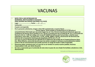 VACUNAS
•   NOTA TIPO A SER ENTREGADO EN
    NURSERIES, INSTITUCIONES O COLEGIOS
    PARA QUIENES NO DESEEN VACUNAR A SU HIJOS
•   Lugar ............................, Fecha ......./....../........
•   Institución ................................................
•   A quien corresponda:
•   Por la presente solicitamos, tengan a bien NO suministrarle a nuestro hijo/a ...............
    ................................................. vacuna alguna. Dicho pedido se fundamenta en el derecho al
    consentimiento informado que nos asiste según los art. 42 y 43 de la Constitución Nacional, (para los
    ciudadanos de Buenos Aires también el art. 20 de la Constitución de la Ciudad de Bs. As.), el Principio de
    Buena Fe del art. 1198 del código civil, la ley Nº 24240 de Defensa del Consumidor, y demás leyes
    específicas, entre ellas , las leyes Nros. 17132, 23798, 24004 y 24193 y Declaración de Derechos del
    Paciente de la Asociación Americana de Hospitales (1973) Art. 2º y 3º.
    A lo que se suma la Resolución Nº 2814/02 de la Defensora del pueblo de la Ciudad de Buenos Aires,
    Dra. Alicia Oliveira, acerca del derecho que nos asiste a aceptar o rechazar un procedimiento médico
    (como el de las vacunaciones) que puede acarrear un riesgo de lesión o daño irreparable.
•   Queremos dejar constancia que, en caso de no ser tenido en cuenta nuestro pedido, haremos
    responsables a Uds. por dicha situación.
•   Sin más y esperando que el contenido de esta nota no pase de una simple formalidad, saludamos a Uds.
    Atentamente.
                                                                                          Extraído de librevacunacion.com.ar
 
