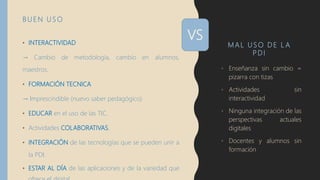 M A L U S O D E L A
P D I
B U EN U S O
• INTERACTIVIDAD
→ Cambio de metodología, cambio en alumnos,
maestros.
• FORMACIÓN TECNICA
→ Imprescindible (nuevo saber pedagógico)
• EDUCAR en el uso de las TIC.
• Actividades COLABORATIVAS.
• INTEGRACIÓN de las tecnologías que se pueden unir a
la PDI.
• ESTAR AL DÍA de las aplicaciones y de la variedad que
• Enseñanza sin cambio =
pizarra con tizas
• Actividades sin
interactividad
• Ninguna integración de las
perspectivas actuales
digitales
• Docentes y alumnos sin
formación
VS
 