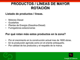 PRODUCTOS / LÍNEAS DE MAYOR 
ROTACIÓN 
Listado de productos / líneas. 
• Motores Diesel 
• Guadañas 
• Plantas de Energía (Gasolina-Diesel) 
• Fumigadoras estacionarias 
Por qué rotan más estos productos en la zona? 
• Por el crecimiento en la construcción actual mas de 1600 obras. 
• En la producción agrícola como en el oriente antioqueño. 
• Por calidad de los productos y el respaldo de la marca. 
 
