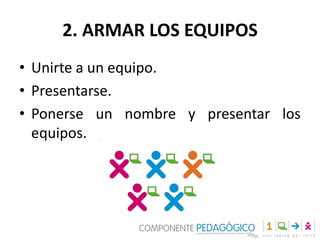 2. ARMAR LOS EQUIPOS
• Unirte a un equipo.
• Presentarse.
• Ponerse un nombre y presentar los
equipos.
 