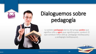 Dialoguemos sobre
pedagogía
La palabra pedagogía deriva del griego paidos que
significa niño y agein que significa guiar, ...