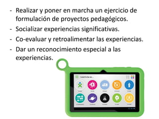 - Realizar y poner en marcha un ejercicio de
formulación de proyectos pedagógicos.
- Socializar experiencias significativas.
- Co-evaluar y retroalimentar las experiencias.
- Dar un reconocimiento especial a las
experiencias.

 